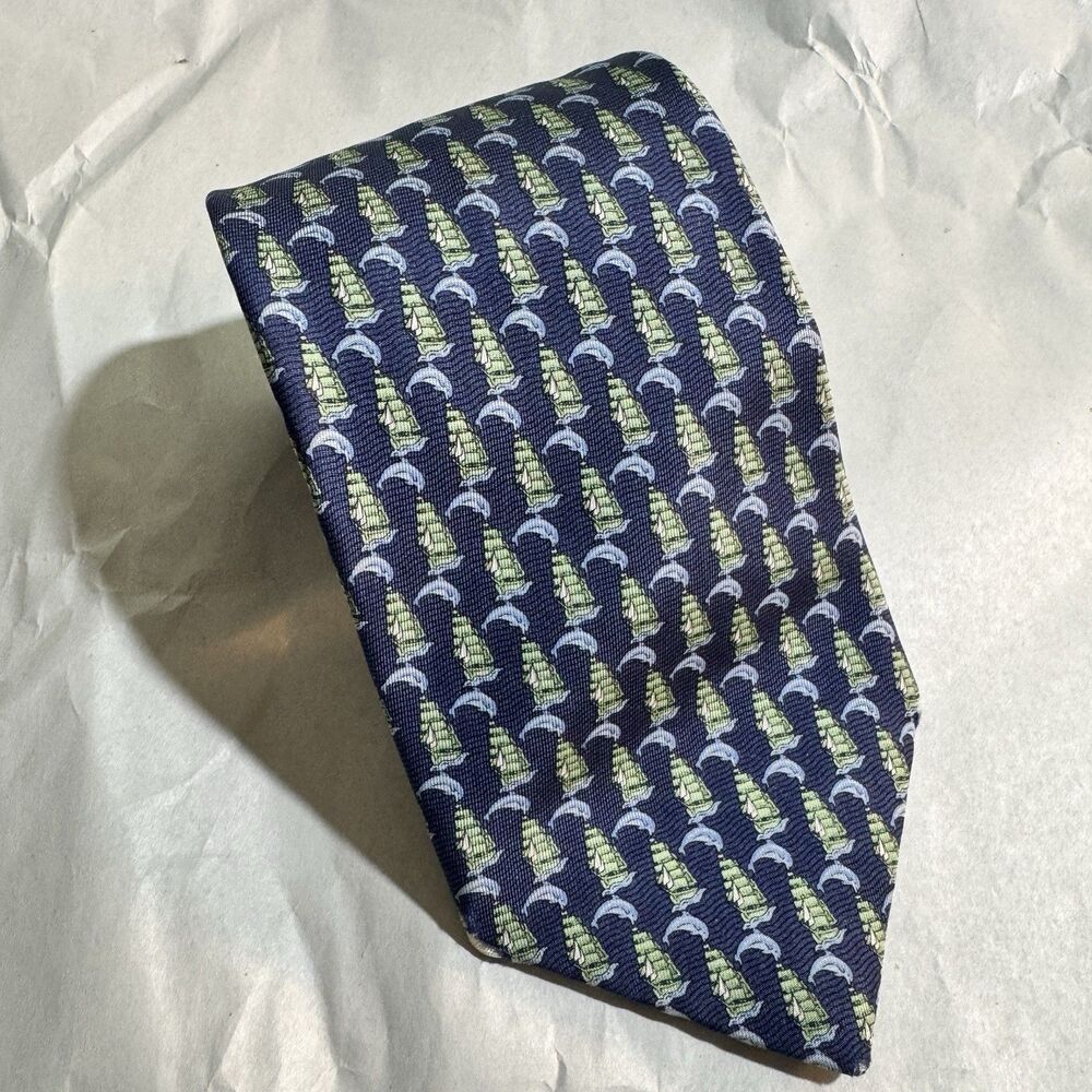 Thomas Pink Neck Tie Silk London Blue Dolphins/Ships Print 58"x3.25"